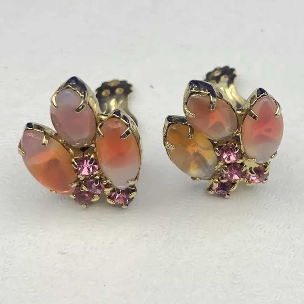 Signed TARA Coral, Pink and White Givre Clip Earr… - image 4