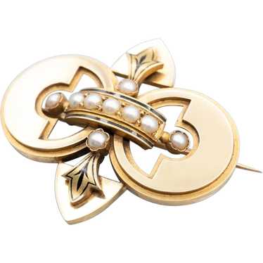 Victorian Gothic Enamel and Seed Pearl Brooch - image 1