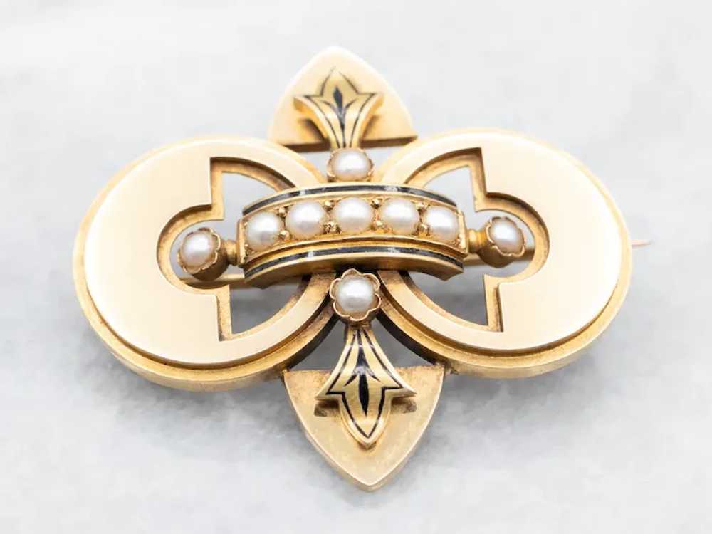 Victorian Gothic Enamel and Seed Pearl Brooch - image 2