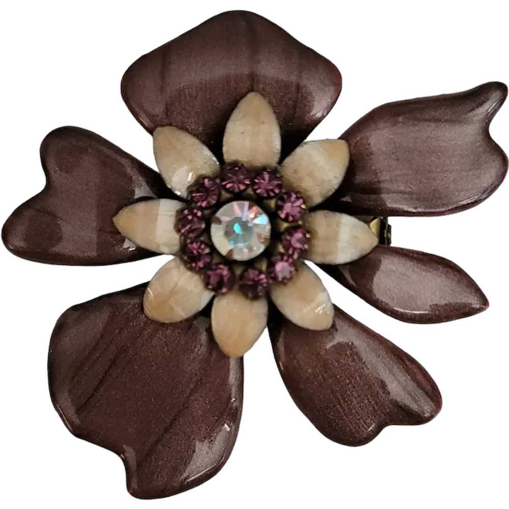 Liz Palacios Enamel Rhinestone Flower Brooch Pin,… - image 1