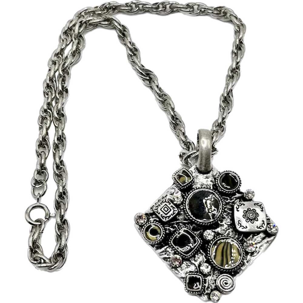 Vintage Silvertone Collage Shapes Pendant Necklace - image 1