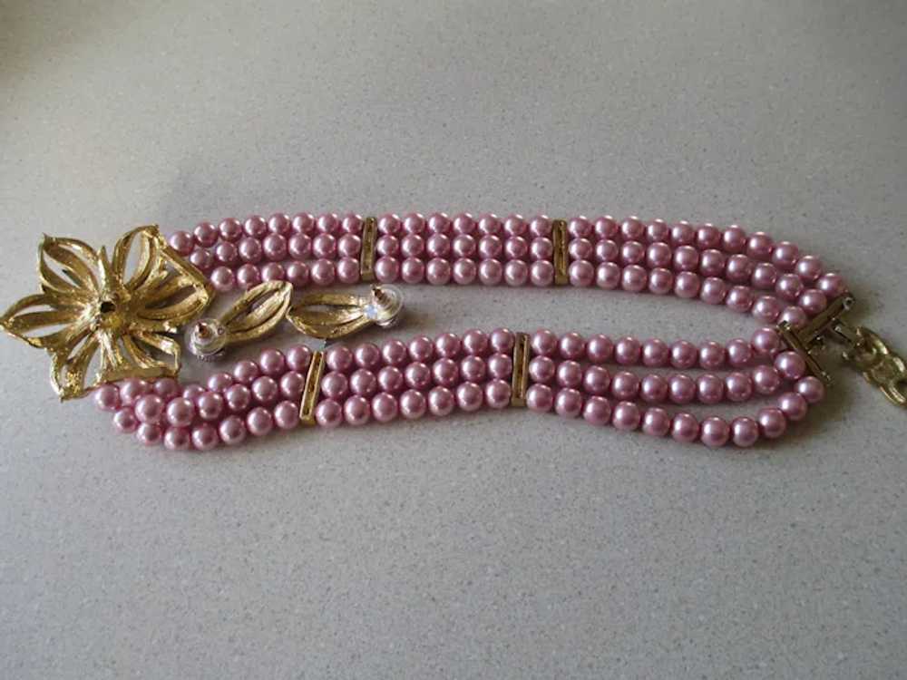 Vintage Pink Faux Pearl and Enamel Necklace /Earr… - image 5