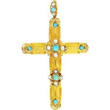 Victorian Turquoise Pearl 18 Karat Yellow Gold Cr… - image 1