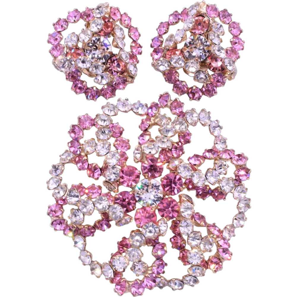 Brooch Pin Earring Demi Rose Pink Clear Rhineston… - image 1