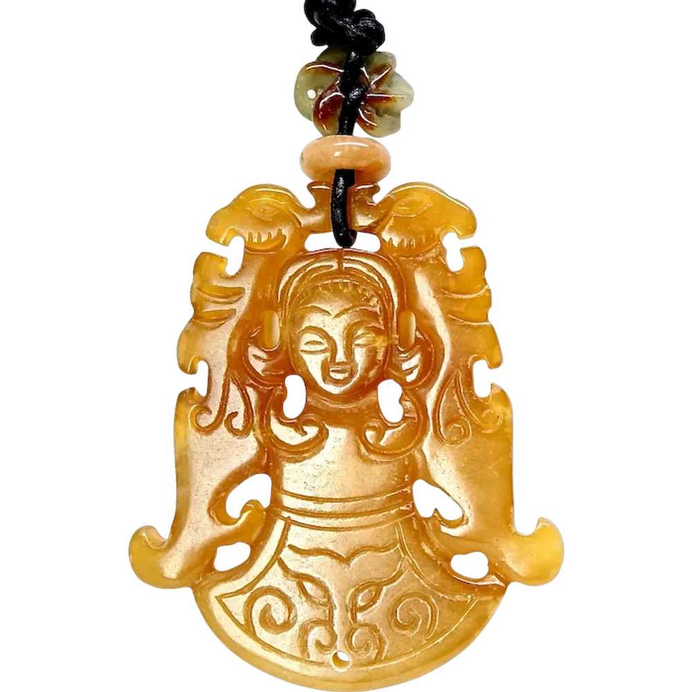 Carved Golden Agate Asian Lady and Phoenix Pendan… - image 1