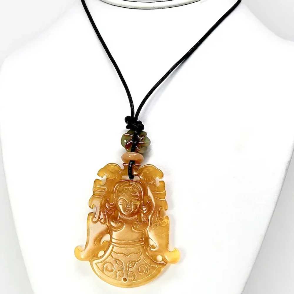 Carved Golden Agate Asian Lady and Phoenix Pendan… - image 2