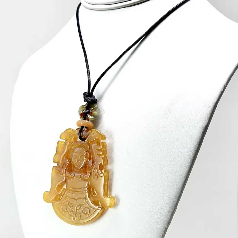 Carved Golden Agate Asian Lady and Phoenix Pendan… - image 3