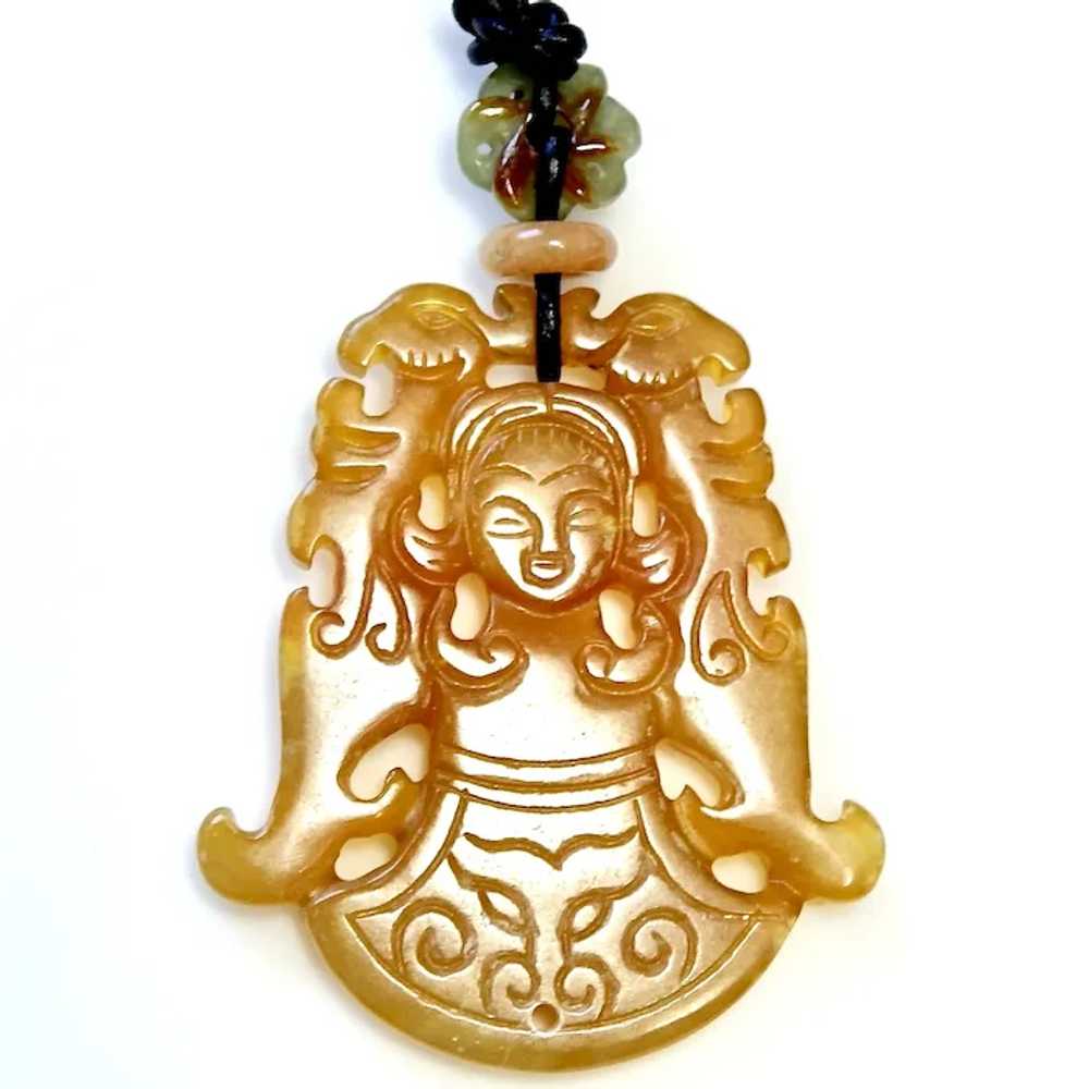 Carved Golden Agate Asian Lady and Phoenix Pendan… - image 5