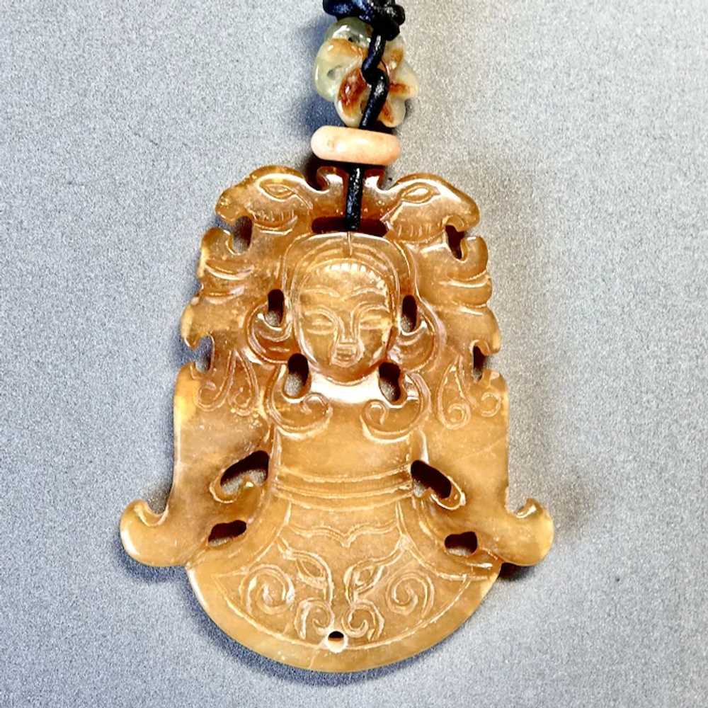 Carved Golden Agate Asian Lady and Phoenix Pendan… - image 6