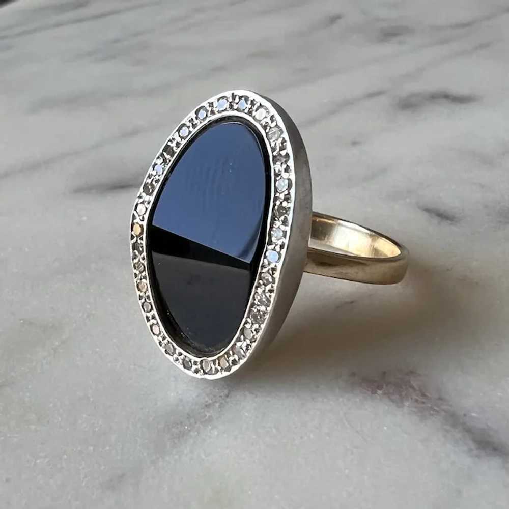 Unique 14K Yellow Gold Onyx & Diamond Halo Ring - image 4