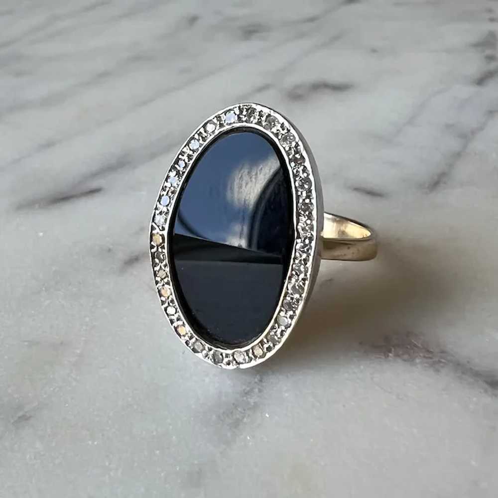 Unique 14K Yellow Gold Onyx & Diamond Halo Ring - image 5