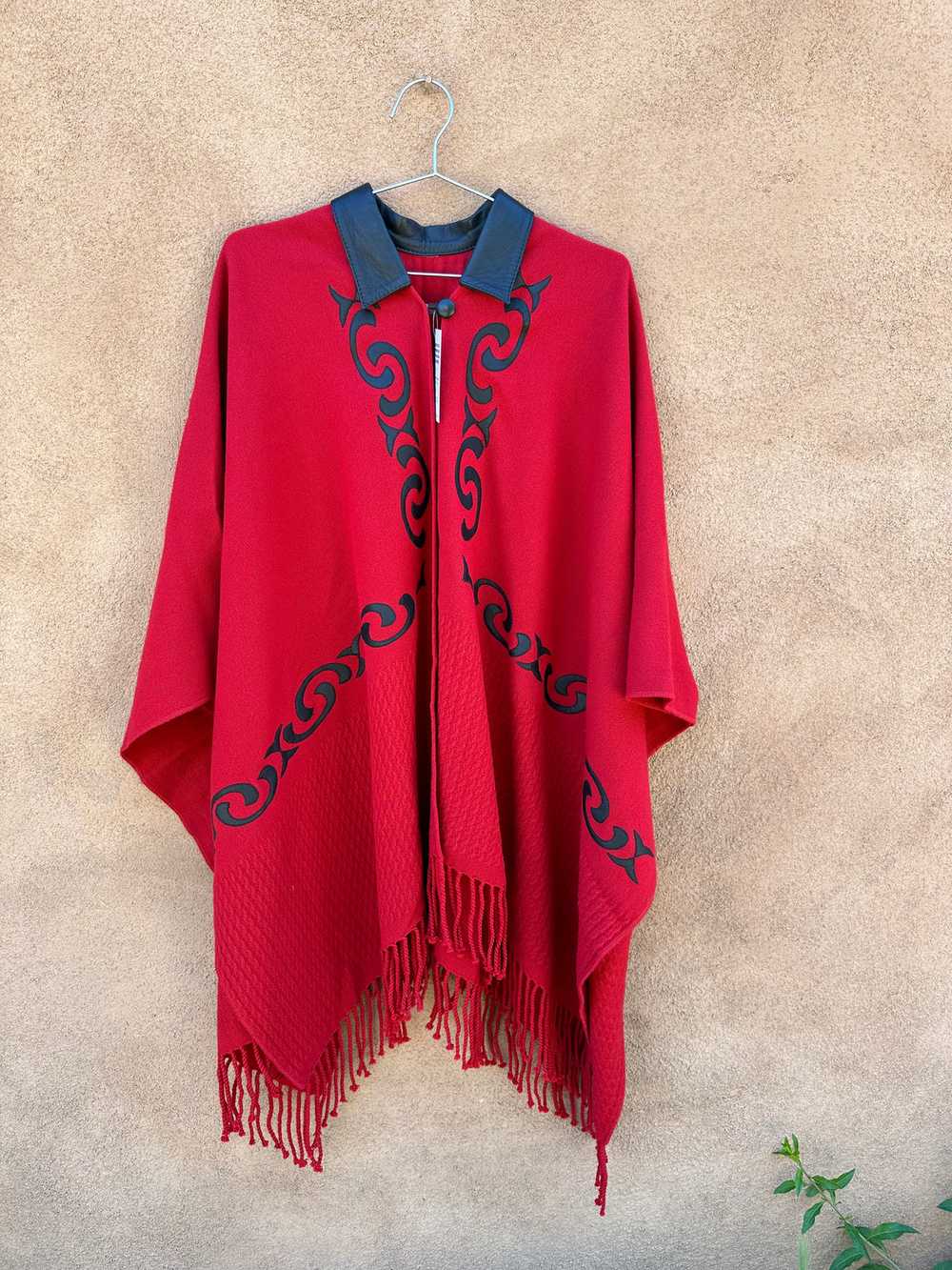 Red Poncho with Black Leather Detail and Fringe - image 1