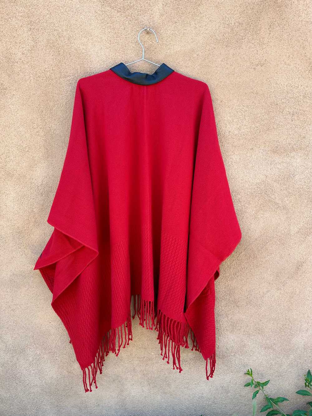 Red Poncho with Black Leather Detail and Fringe - image 3