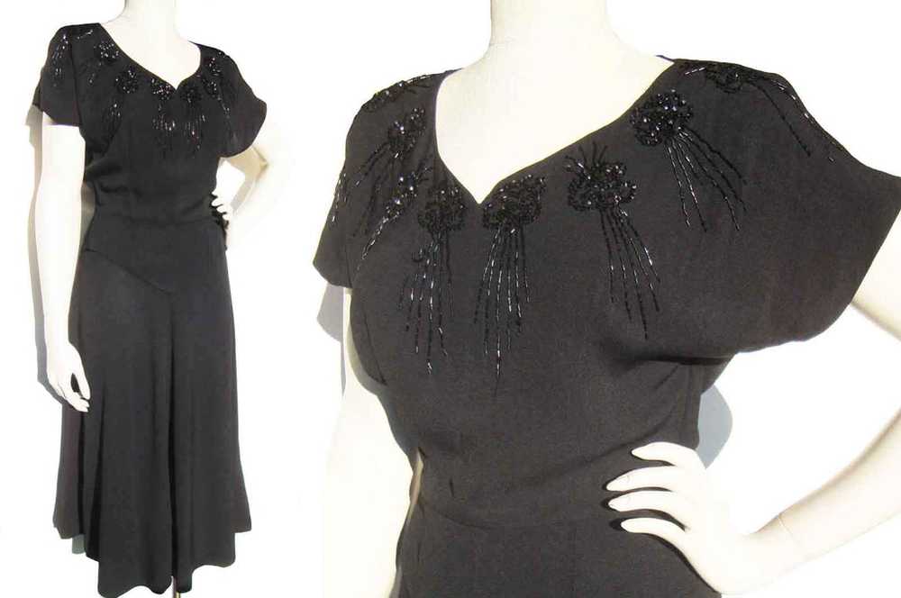 Vintage 40s Beaded Peplum Dress Black Rayon Crepe… - image 1
