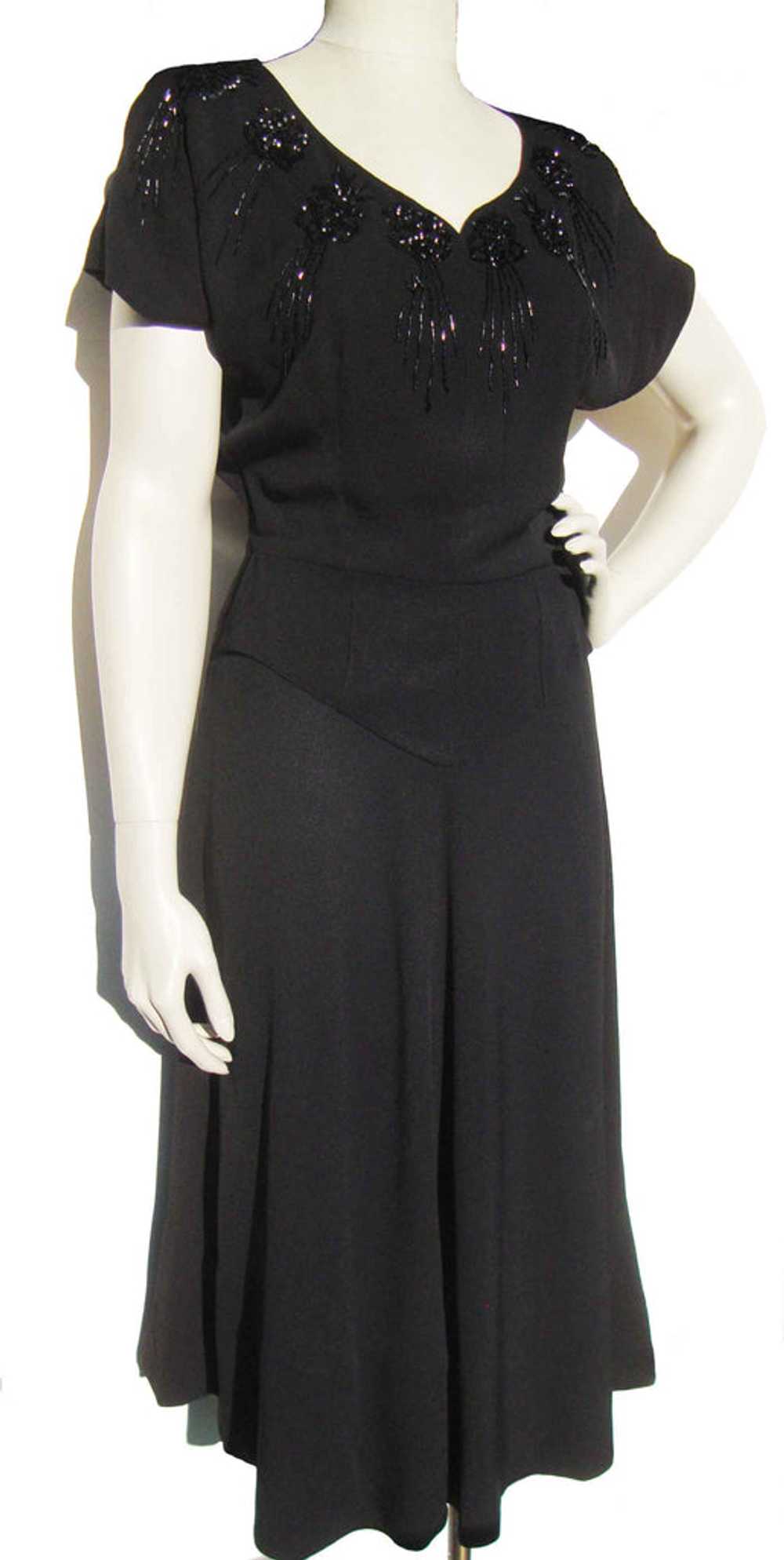 Vintage 40s Beaded Peplum Dress Black Rayon Crepe… - image 2