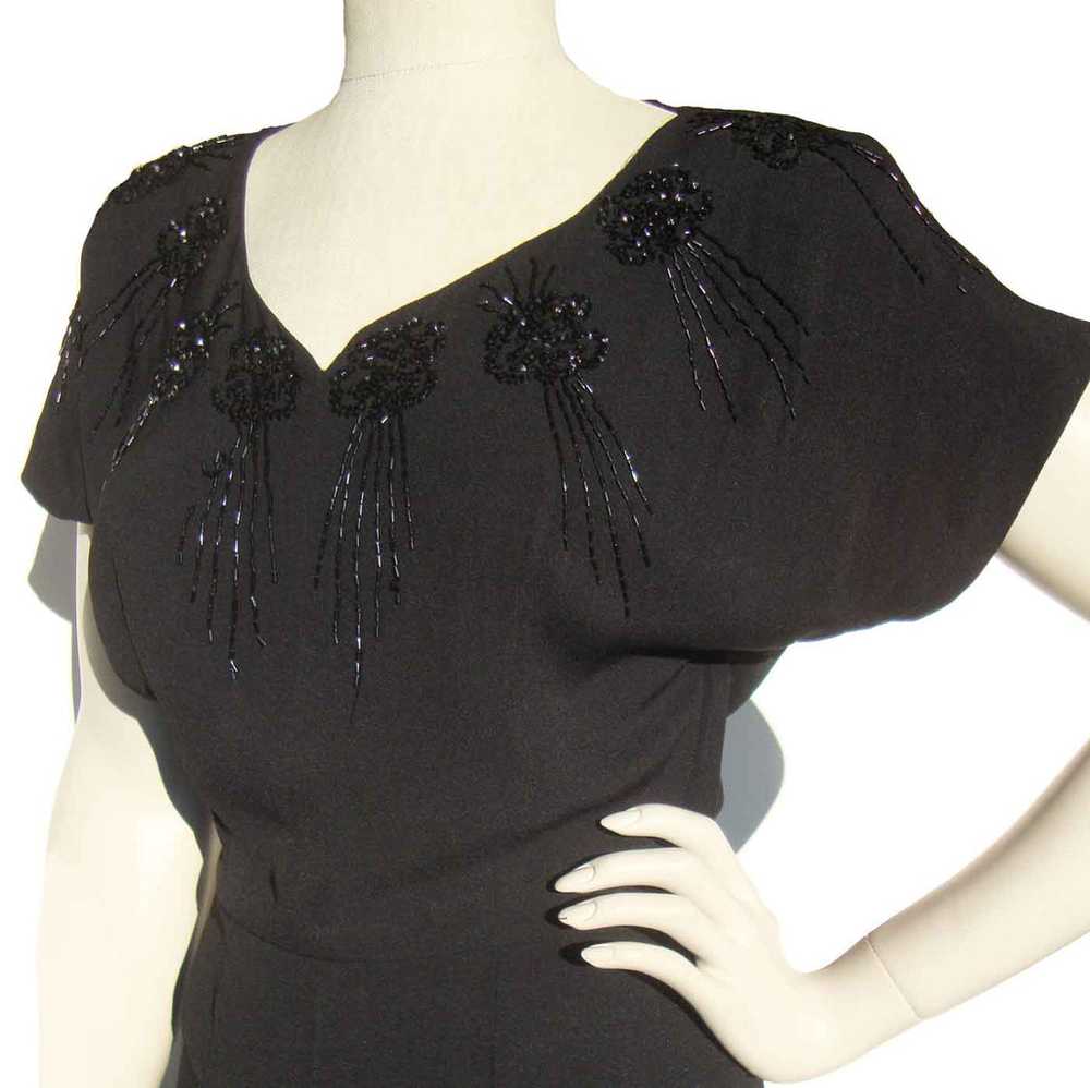 Vintage 40s Beaded Peplum Dress Black Rayon Crepe… - image 3