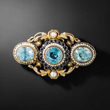 Vintage Blue Zircon, Sapphire and Pearl Brooch