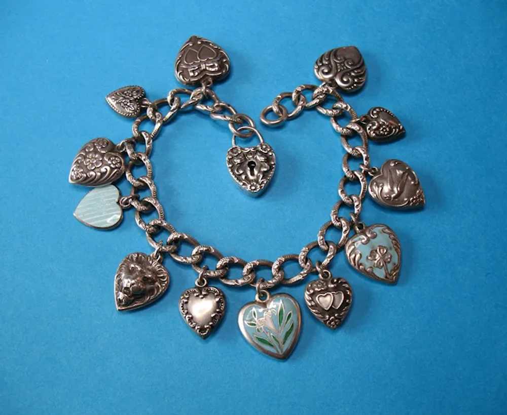 Vintage Sterling Silver Puffy Heart Bracelet with… - image 11