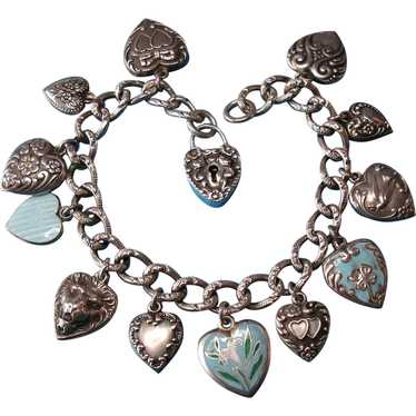 Vintage Sterling Silver Puffy Heart Bracelet with… - image 1