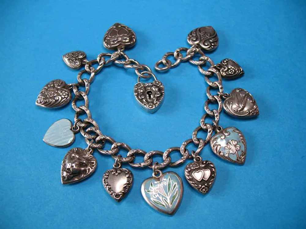 Vintage Sterling Silver Puffy Heart Bracelet with… - image 4