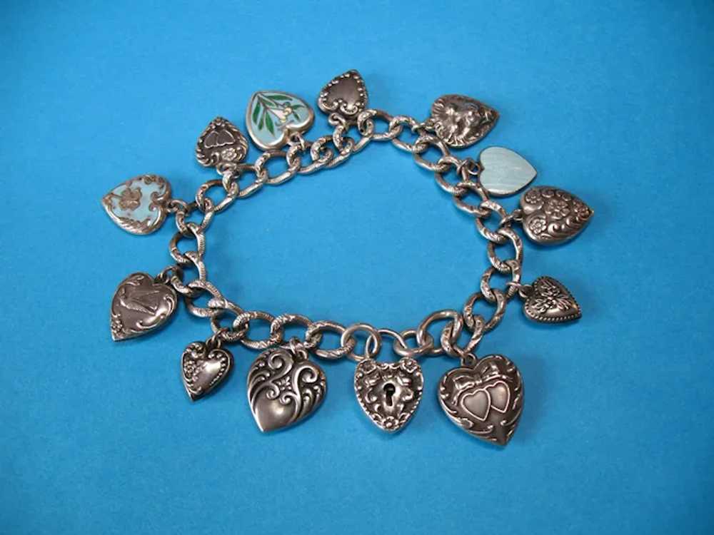 Vintage Sterling Silver Puffy Heart Bracelet with… - image 5