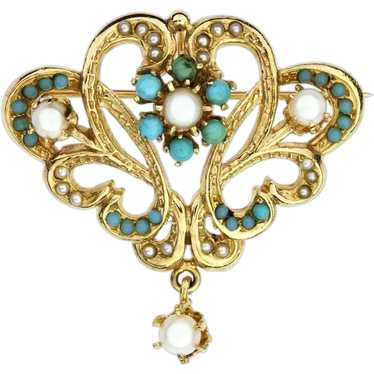 Edwardian 14K Yellow Gold Turquoise & Pearl Conver