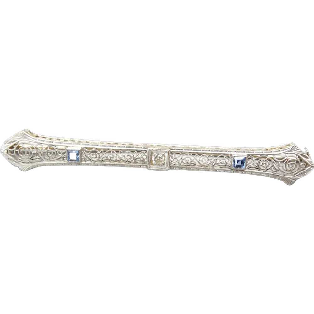 Edwardian 18k White Gold Diamond and Sapphire Fil… - image 1