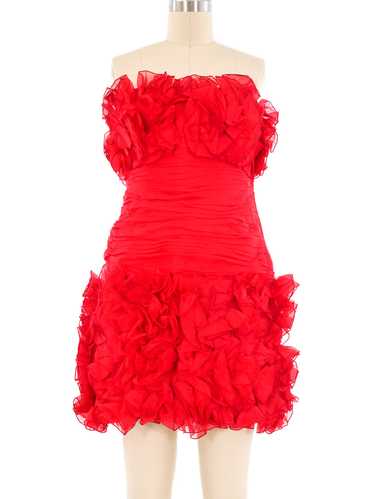 Red Ruffled Strapless Silk Cocktail Dress