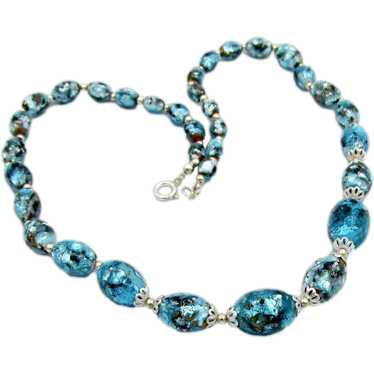 Gorgeous Blue Foil Glass Bead Necklace Silver Tone