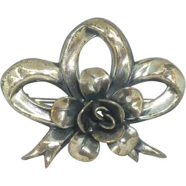 Sterling Silver Bow and Rose Pin Brooch - image 1