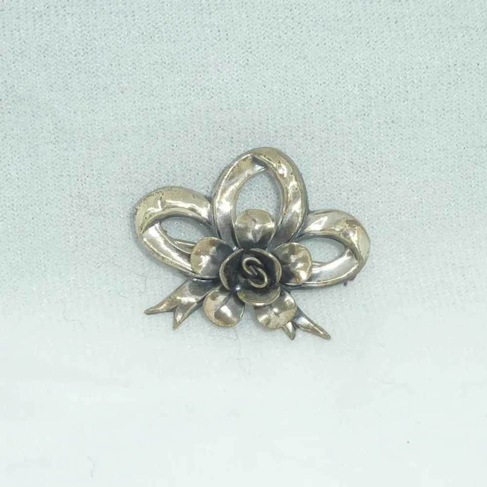 Sterling Silver Bow and Rose Pin Brooch - image 3