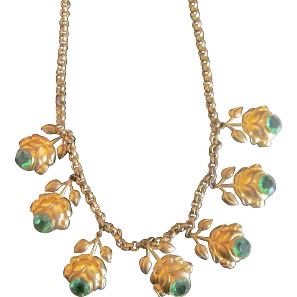 Lovely Early 30's flower necklace with green ston… - image 1