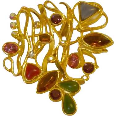Colorful Abstract Gold Tone Large Pin Brooch - image 1
