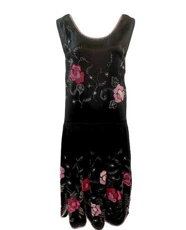20s Satin Floral Beaded Dress with Scallop Hem - image 1