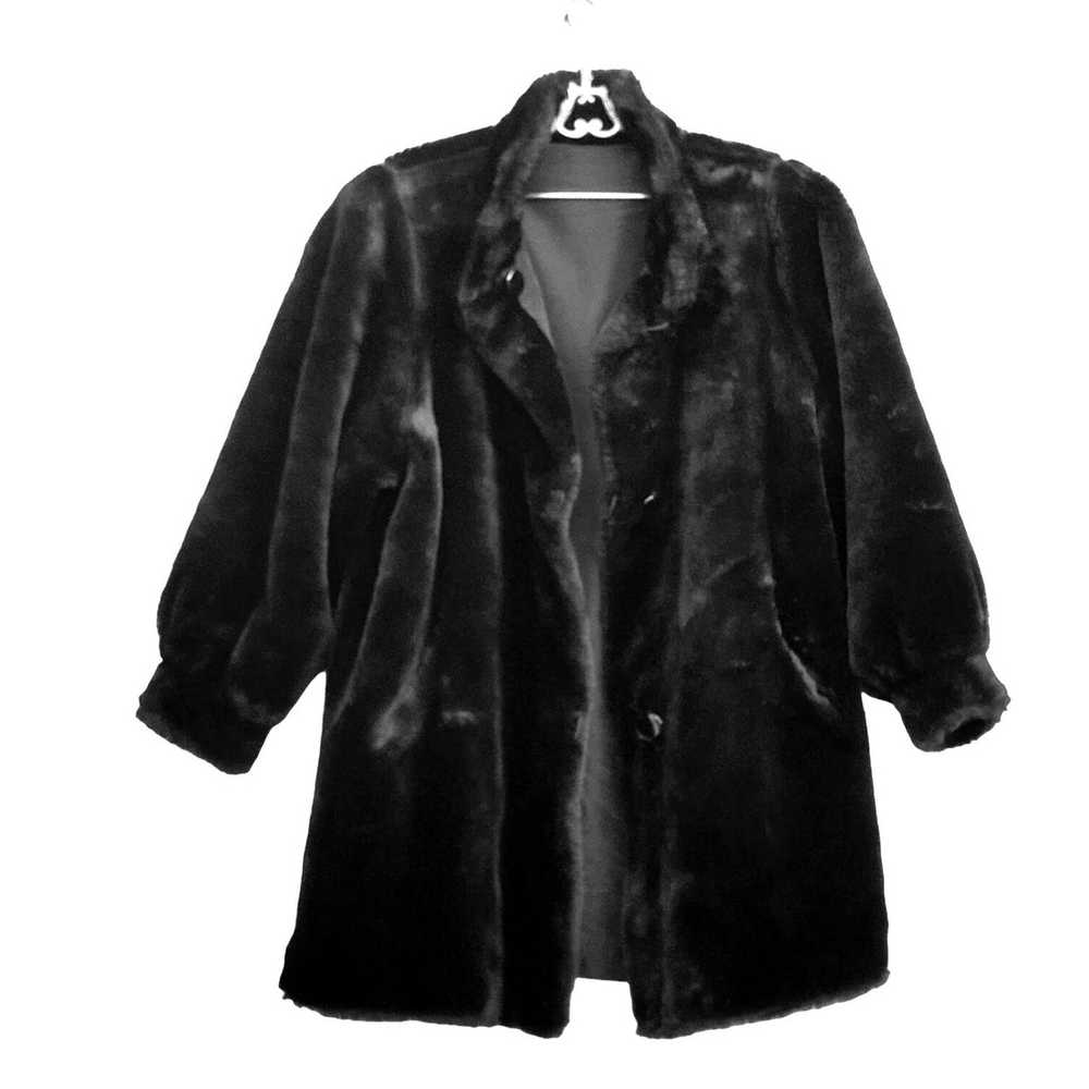 Vintage Black Coat 80s 2X 18 Faux Fur Vegan Rever… - image 3