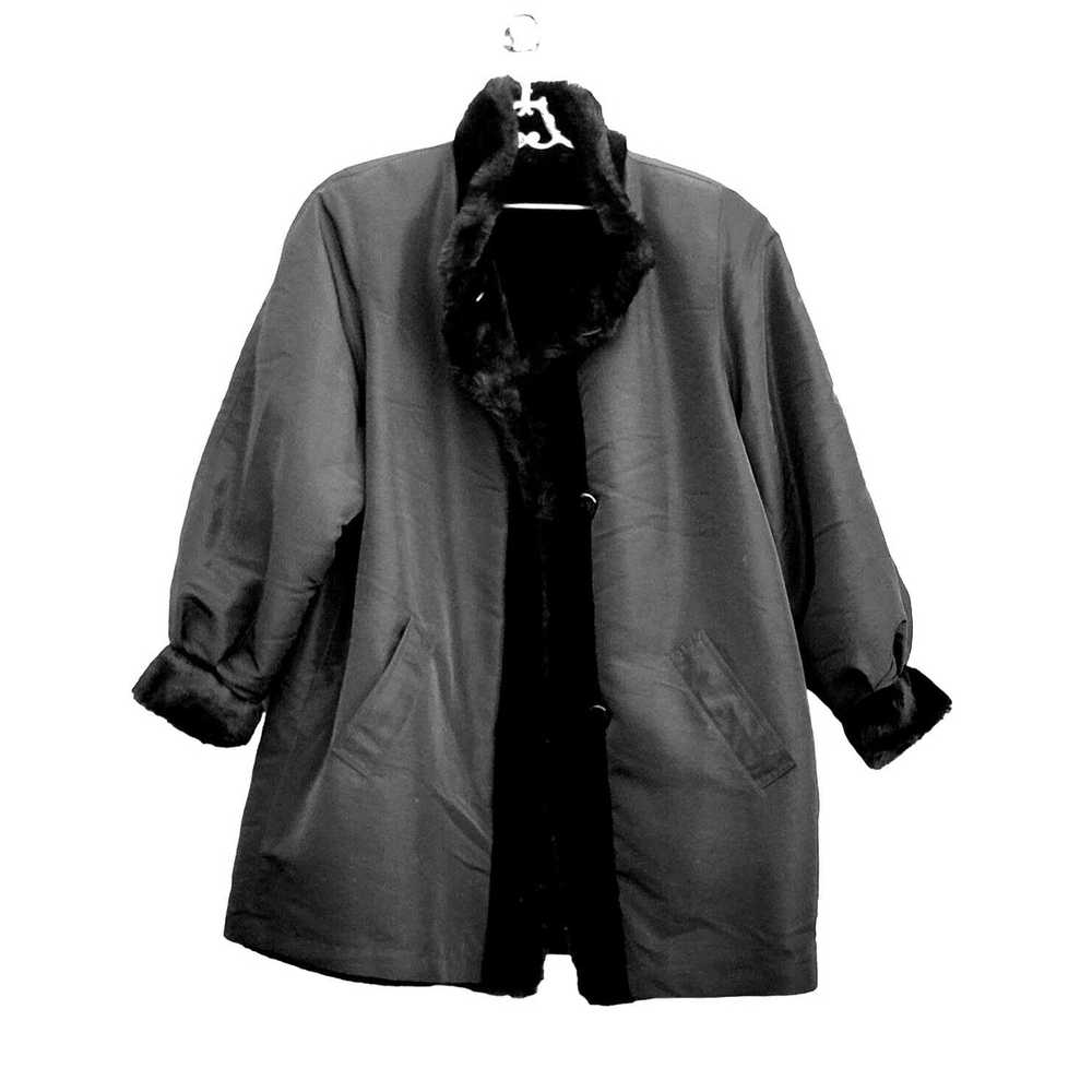 Vintage Black Coat 80s 2X 18 Faux Fur Vegan Rever… - image 4