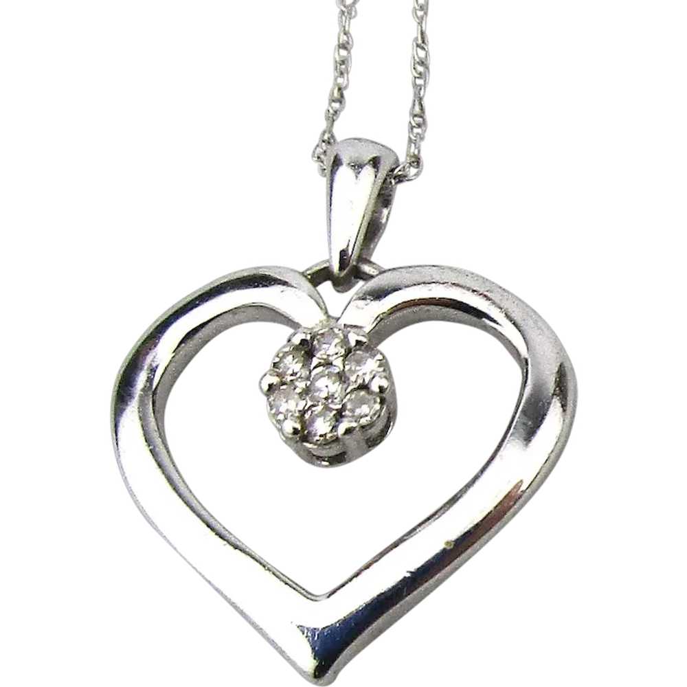 DOB 14K White Gold Heart w/ Diamond Cluster Neckl… - image 1