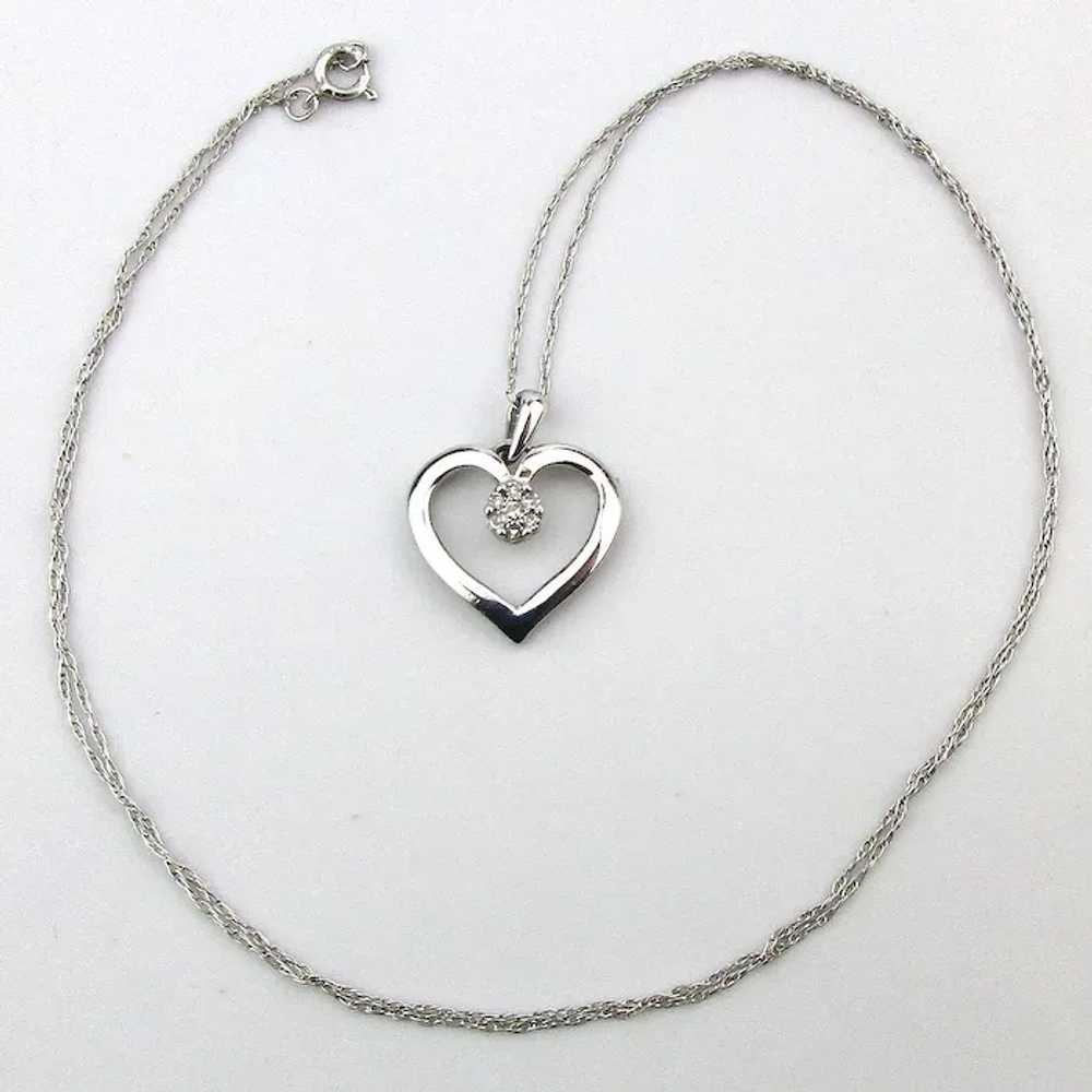 DOB 14K White Gold Heart w/ Diamond Cluster Neckl… - image 2