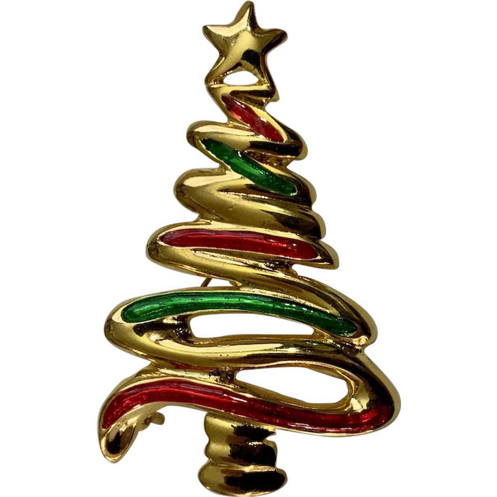 Gold-Tone Christmas Tree Brooch Pin with Red and … - image 1