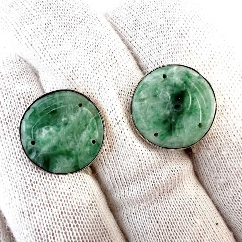 Antique Early 1900s. Carved Jade Silver Earrings. - image 4