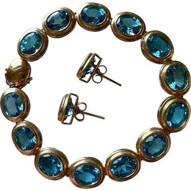 Striking 14K Yellow Gold Blue Topaz Bracelet & Ear