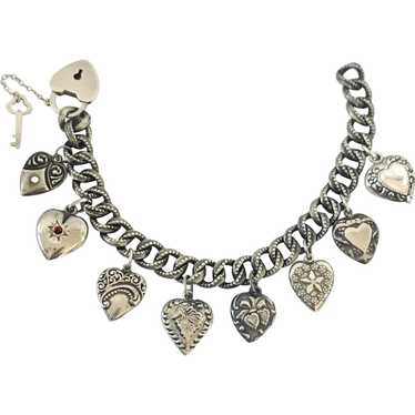 Victorian Sterling Silver Puffy Heart Charm Bracelet