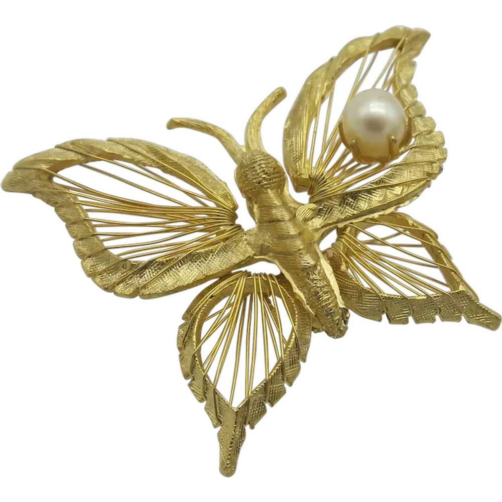 Gold tone Wire Butterfly Brooch Brooks Cultured P… - image 1