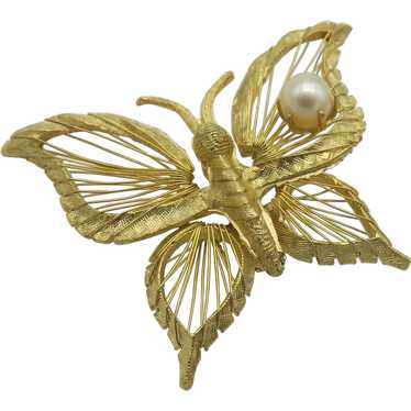 Gold tone Wire Butterfly Brooch Brooks Cultured P… - image 1