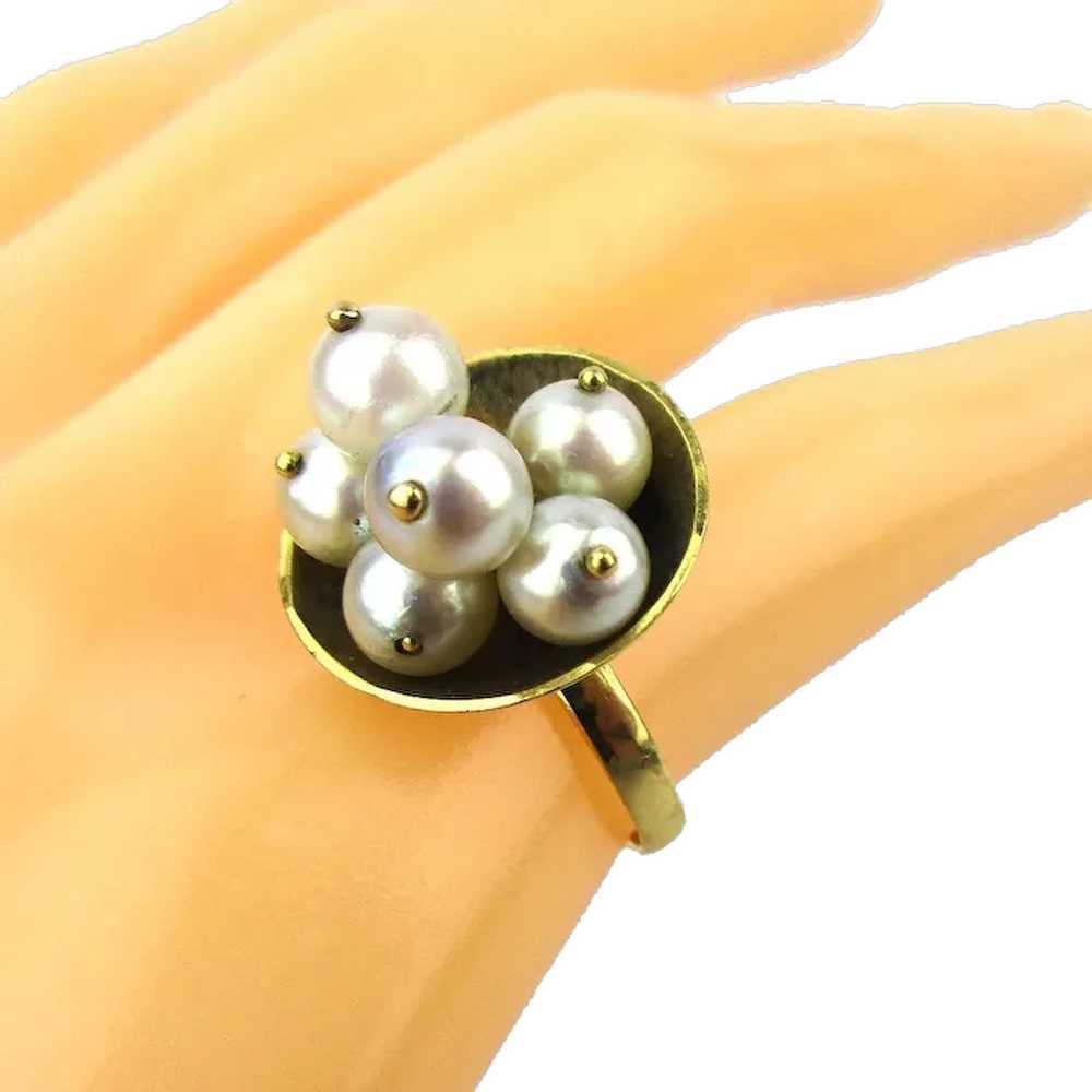 18KT Fine Pearl Cocktail Ring Yellow 750 Gold Bow… - image 1