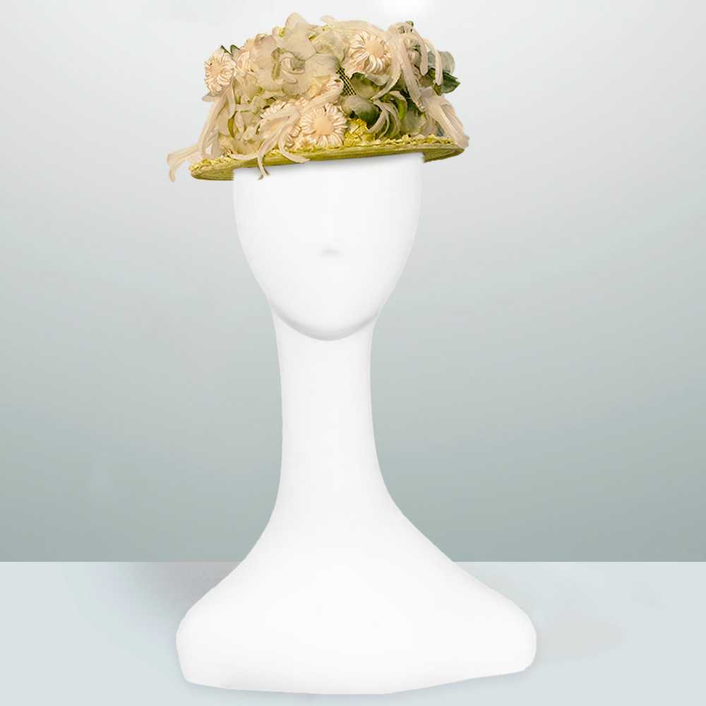 Vintage Floral Hat, 1950s Green Straw, Silk Flowe… - image 2
