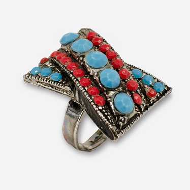 Vintage Cabochon Ring, Faux Turquoise & Coral - image 1