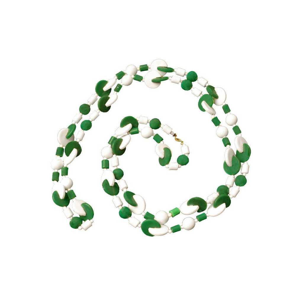 Geometric Necklace, Vintage 1950s Green & White B… - image 1