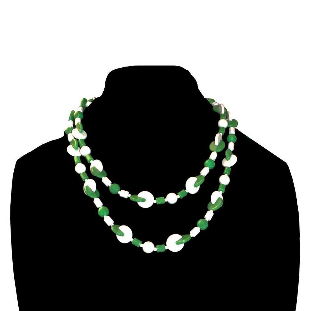 Geometric Necklace, Vintage 1950s Green & White B… - image 2