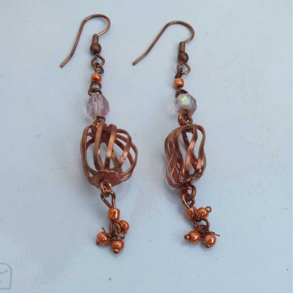 Vintage Stylish Copper Earrings With Beads, Weste… - image 1